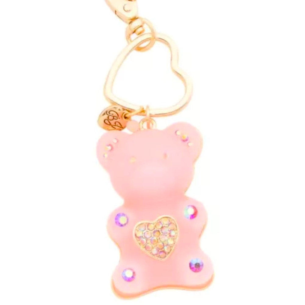 New Betsey Johnson Handbag Charm Key Ring Clip Pink Gummy Bear Crystal Heart